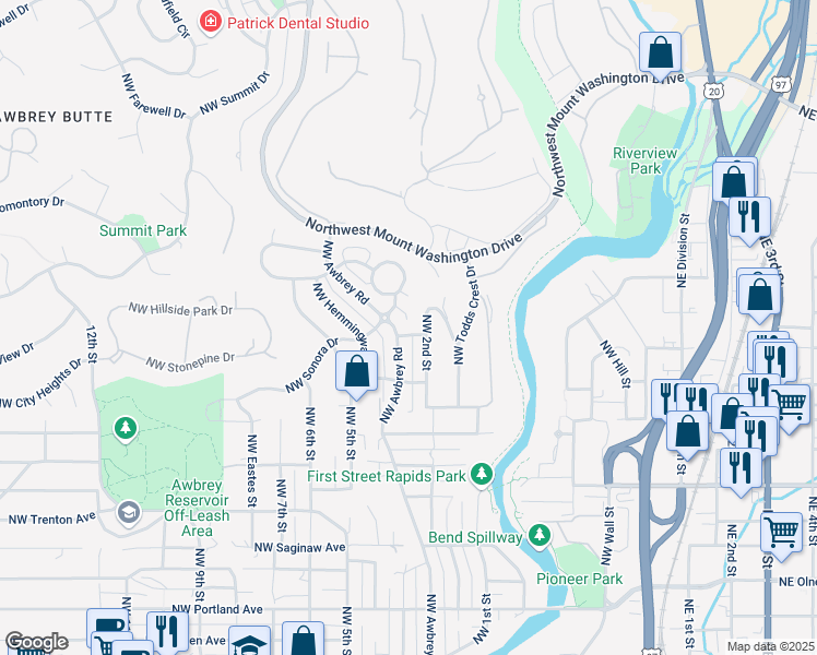 map of restaurants, bars, coffee shops, grocery stores, and more near 2447 Northwest Awbrey Road in Bend