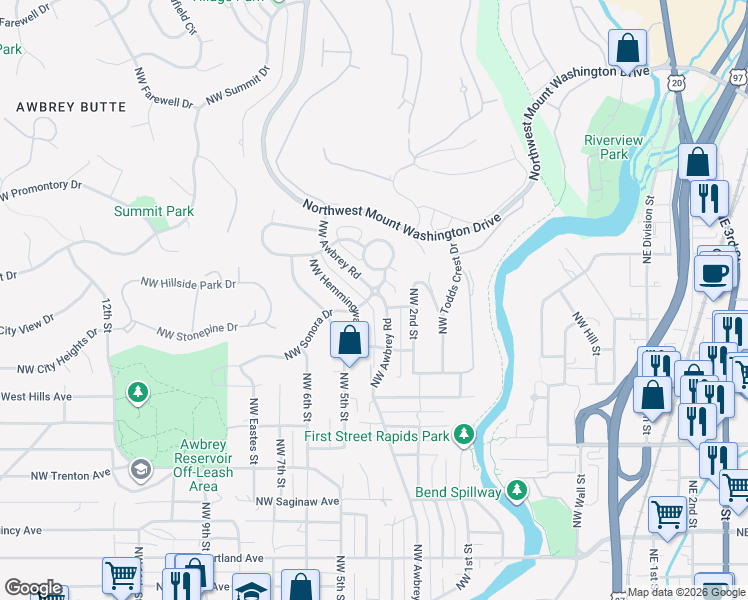 map of restaurants, bars, coffee shops, grocery stores, and more near 2447 Northwest Awbrey Road in Bend