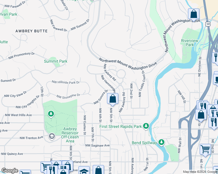 map of restaurants, bars, coffee shops, grocery stores, and more near 2441 Northwest Hemmingway Street in Bend