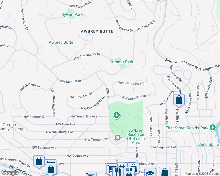 map of restaurants, bars, coffee shops, grocery stores, and more near 1182 Northwest Hillside Park Drive in Bend