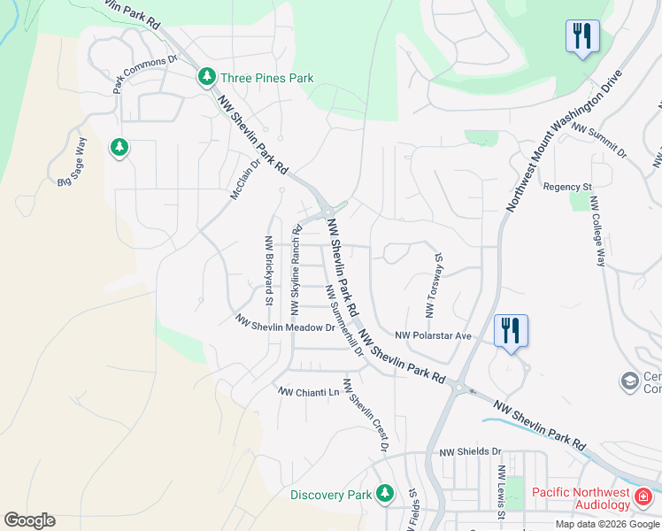 map of restaurants, bars, coffee shops, grocery stores, and more near 2952 Northwest Merlot Lane in Bend