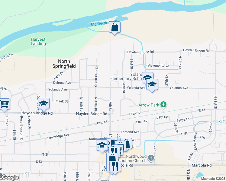 map of restaurants, bars, coffee shops, grocery stores, and more near 2462 20th Street in Springfield