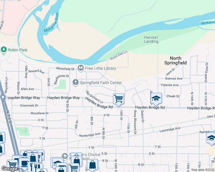 map of restaurants, bars, coffee shops, grocery stores, and more near 885 River Knoll Way in Springfield