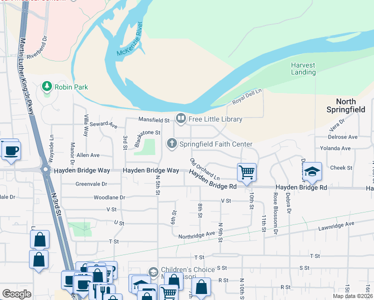 map of restaurants, bars, coffee shops, grocery stores, and more near 765 Old Orchard Lane in Springfield