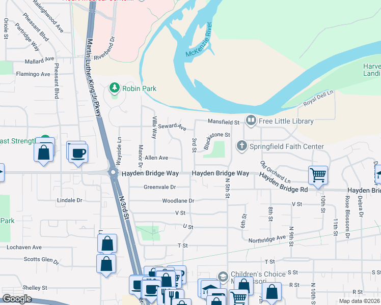 map of restaurants, bars, coffee shops, grocery stores, and more near 2550 3rd Street in Springfield