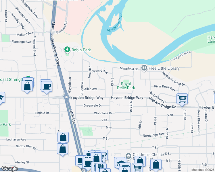 map of restaurants, bars, coffee shops, grocery stores, and more near 2550 3rd Street in Springfield