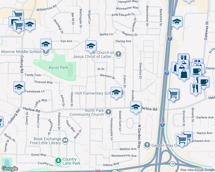 map of restaurants, bars, coffee shops, grocery stores, and more near 821 Waverly Street in Eugene