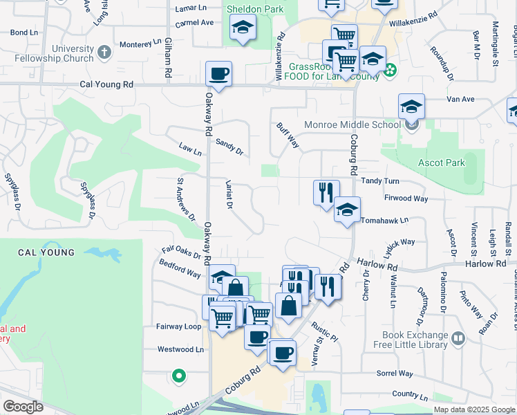 map of restaurants, bars, coffee shops, grocery stores, and more near 833 Lariat Drive in Eugene