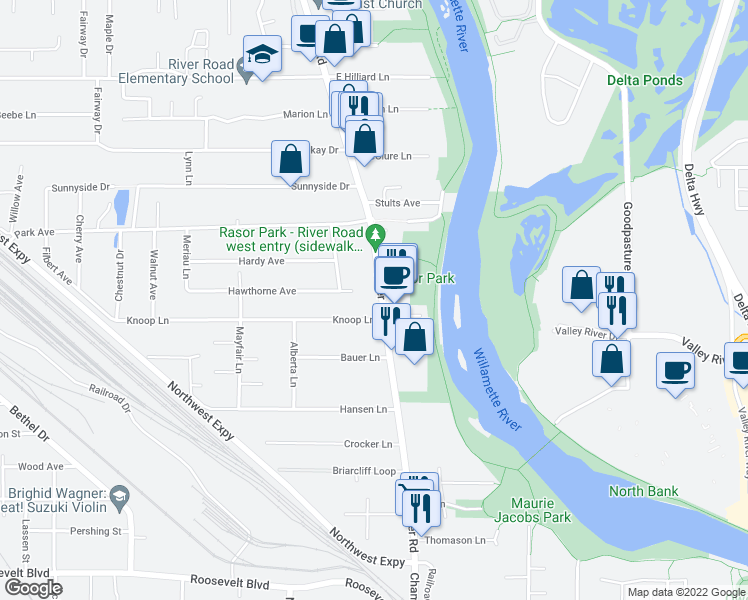 map of restaurants, bars, coffee shops, grocery stores, and more near 34 Rasor Avenue in Eugene