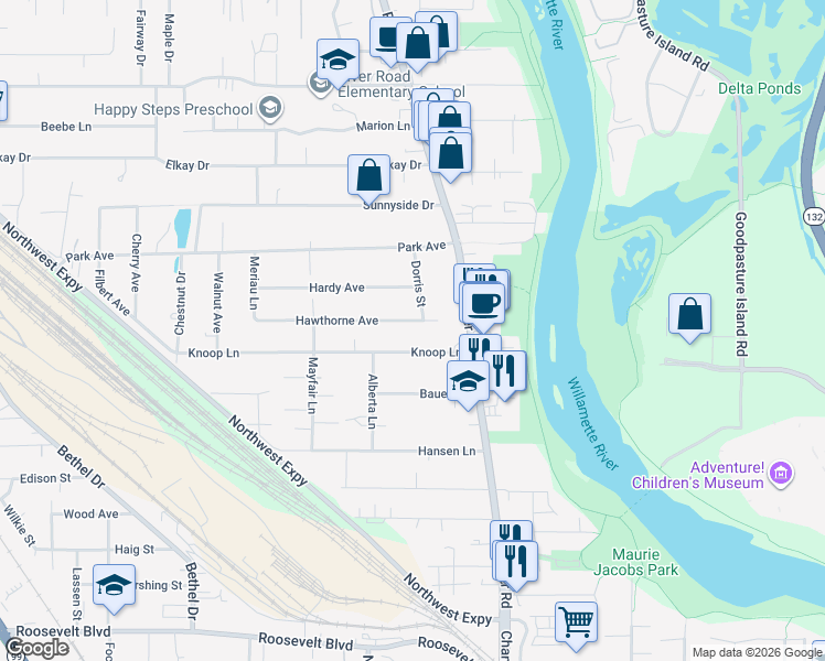 map of restaurants, bars, coffee shops, grocery stores, and more near 141 Knoop Lane in Eugene