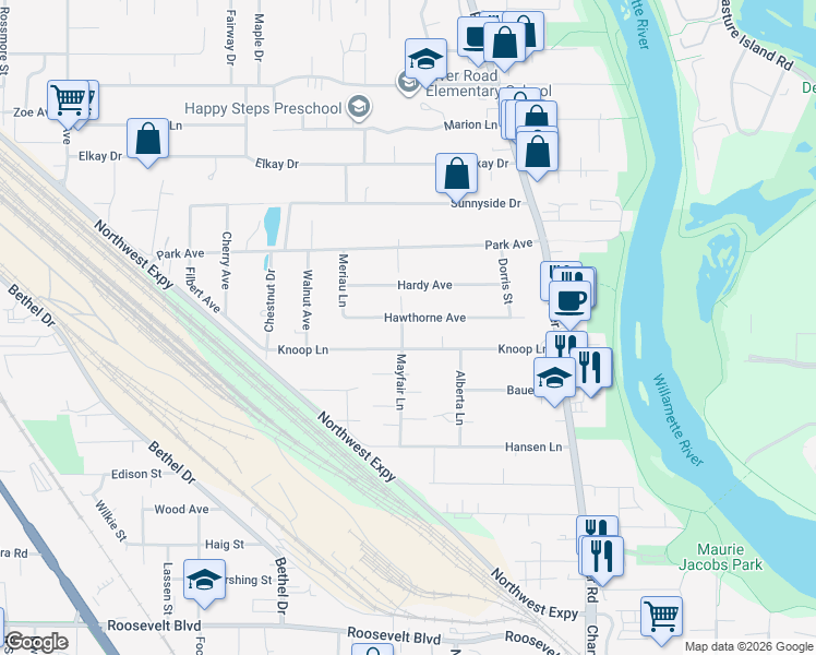 map of restaurants, bars, coffee shops, grocery stores, and more near 655 Mayfair Lane in Eugene