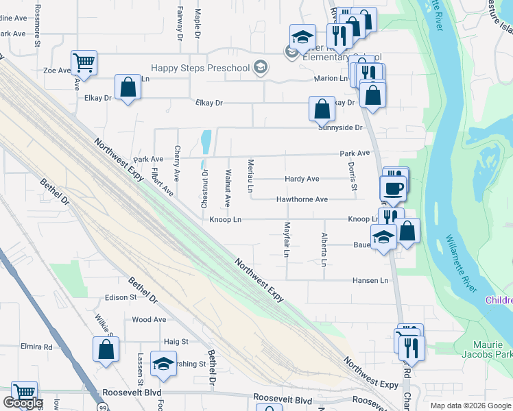 map of restaurants, bars, coffee shops, grocery stores, and more near 350 Knoop Lane in Eugene