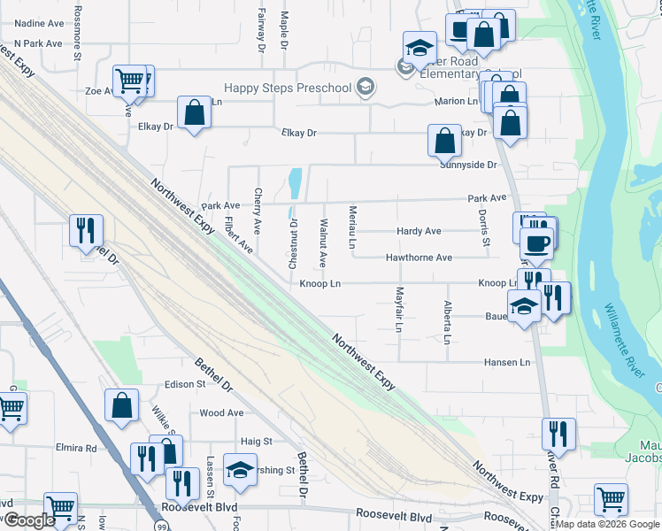 map of restaurants, bars, coffee shops, grocery stores, and more near 457 Knoop Lane in Eugene