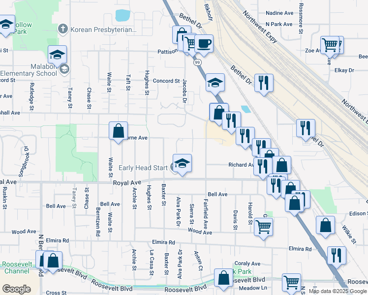 map of restaurants, bars, coffee shops, grocery stores, and more near 3400 Hawthorne Avenue in Eugene