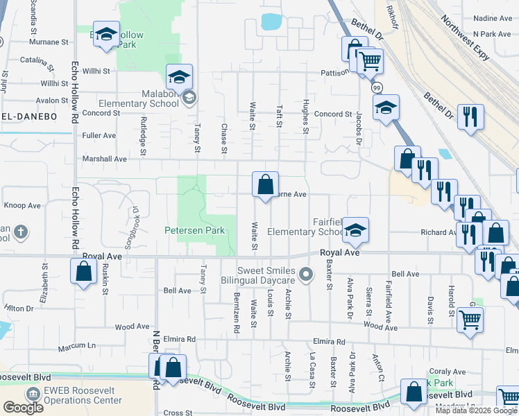 map of restaurants, bars, coffee shops, grocery stores, and more near 950 Louis Street in Eugene
