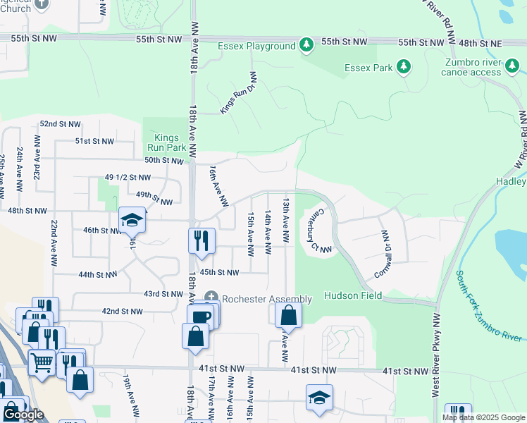 map of restaurants, bars, coffee shops, grocery stores, and more near 4630 14th Avenue Northwest in Rochester