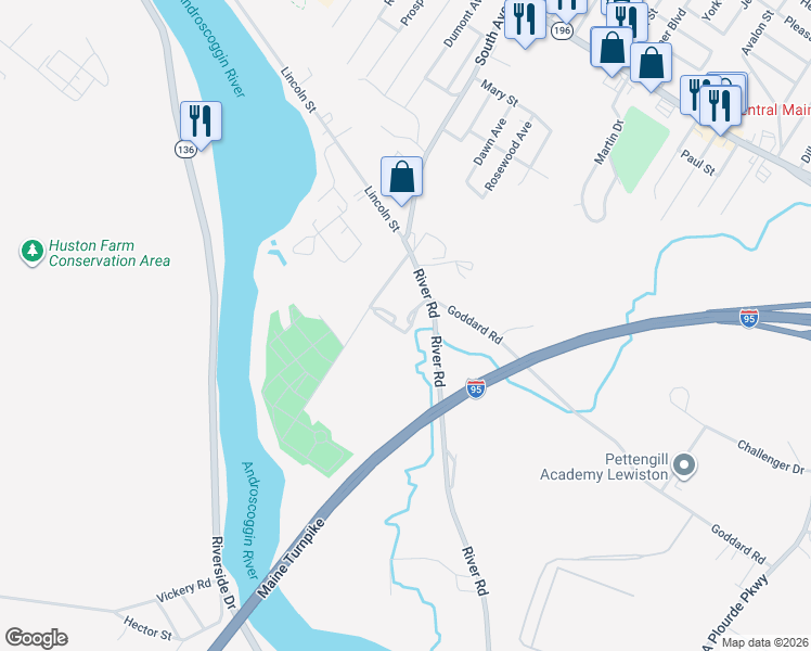 map of restaurants, bars, coffee shops, grocery stores, and more near 7 Robitaille Circle in Lewiston