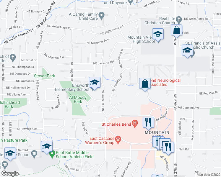 map of restaurants, bars, coffee shops, grocery stores, and more near 2007 Northeast Neil Way in Bend