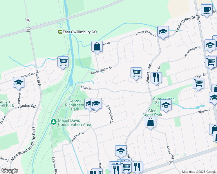 map of restaurants, bars, coffee shops, grocery stores, and more near 751 Elgin Street in Newmarket