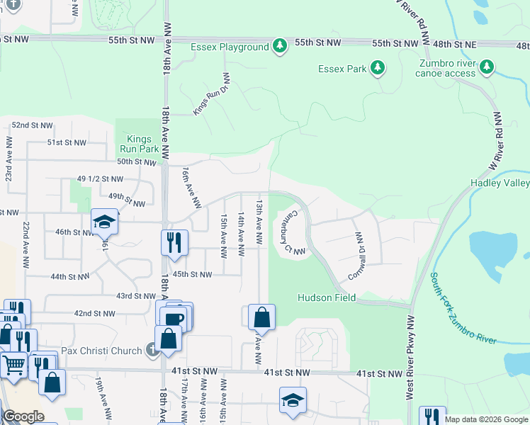 map of restaurants, bars, coffee shops, grocery stores, and more near 4632 13th Avenue Northwest in Rochester