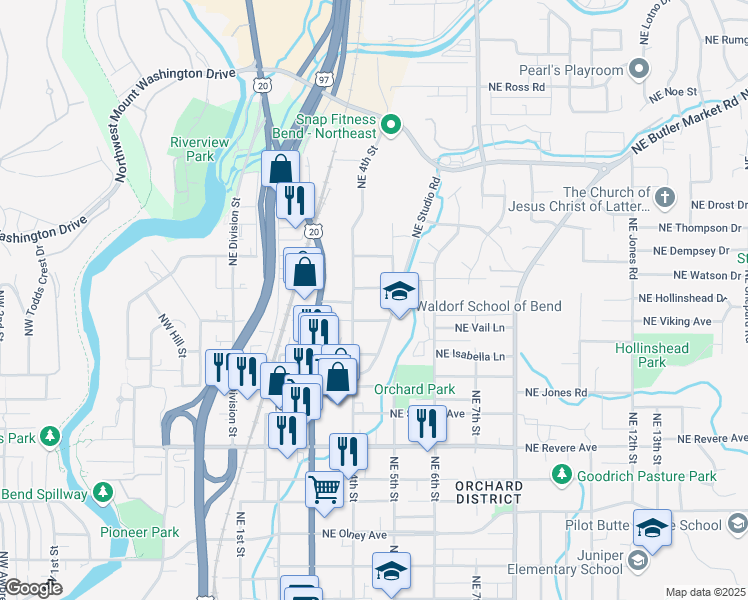 map of restaurants, bars, coffee shops, grocery stores, and more near 2248 Northeast 4th Street in Bend