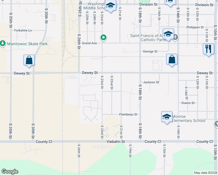 map of restaurants, bars, coffee shops, grocery stores, and more near 2206 South 22nd Street in Manitowoc