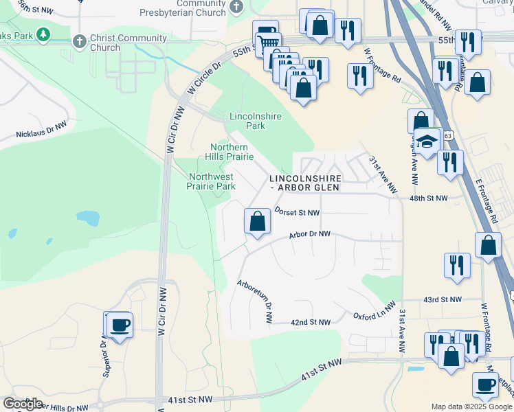 map of restaurants, bars, coffee shops, grocery stores, and more near 4782 Liverpool Place Northwest in Rochester