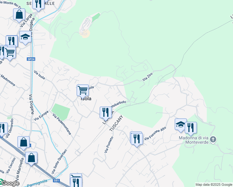 map of restaurants, bars, coffee shops, grocery stores, and more near 19 Via Montebarbuto in Isola