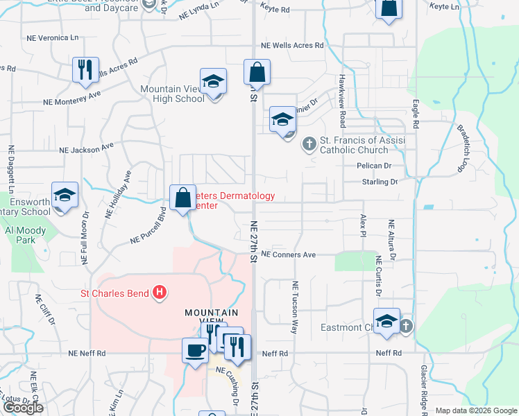 map of restaurants, bars, coffee shops, grocery stores, and more near 2755 Northeast Red Oak Drive in Bend