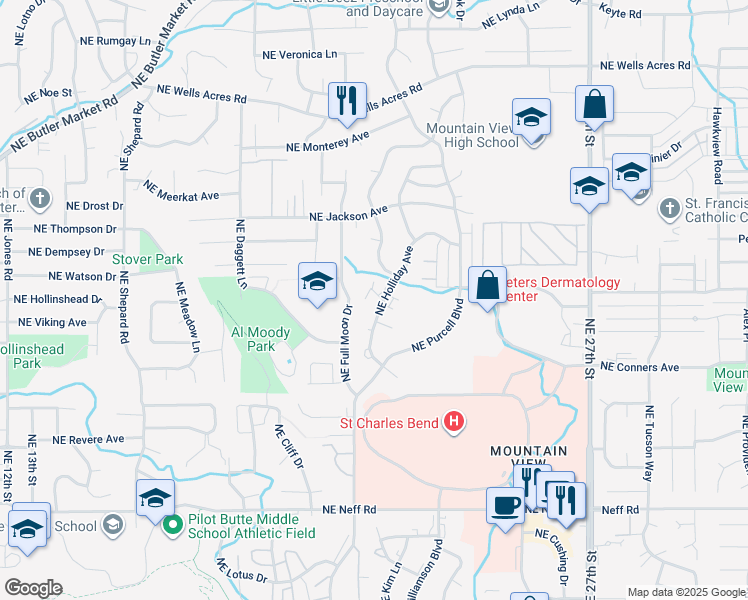 map of restaurants, bars, coffee shops, grocery stores, and more near 2061 Northeast York Circle in Bend