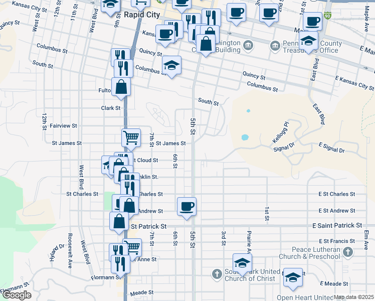 map of restaurants, bars, coffee shops, grocery stores, and more near 501 Saint Cloud Street in Rapid City