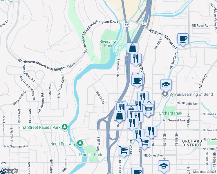 map of restaurants, bars, coffee shops, grocery stores, and more near 2207 Northwest Deschutes Place in Bend