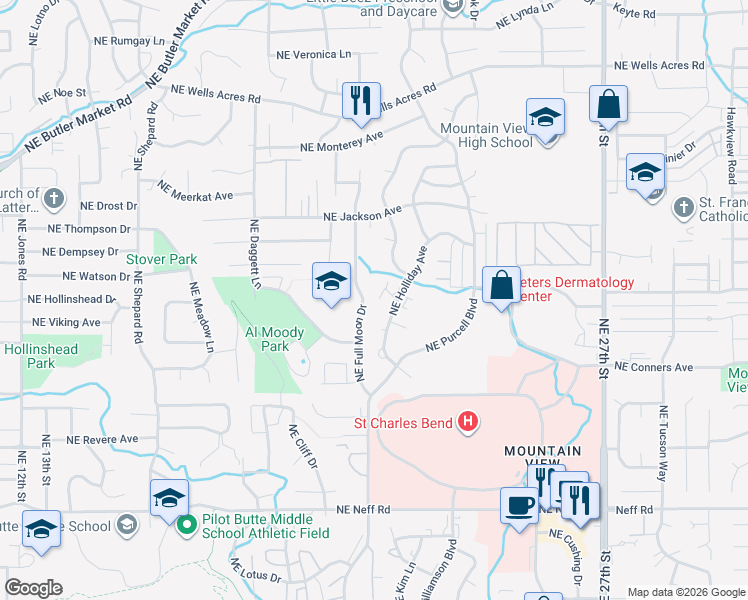 map of restaurants, bars, coffee shops, grocery stores, and more near 2025 Northeast Neil Way in Bend