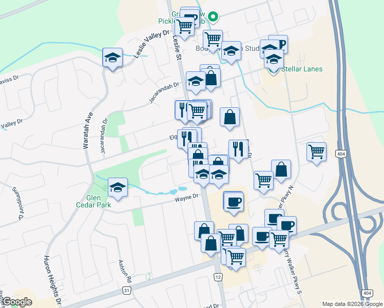 map of restaurants, bars, coffee shops, grocery stores, and more near 17766 Leslie Street in Newmarket