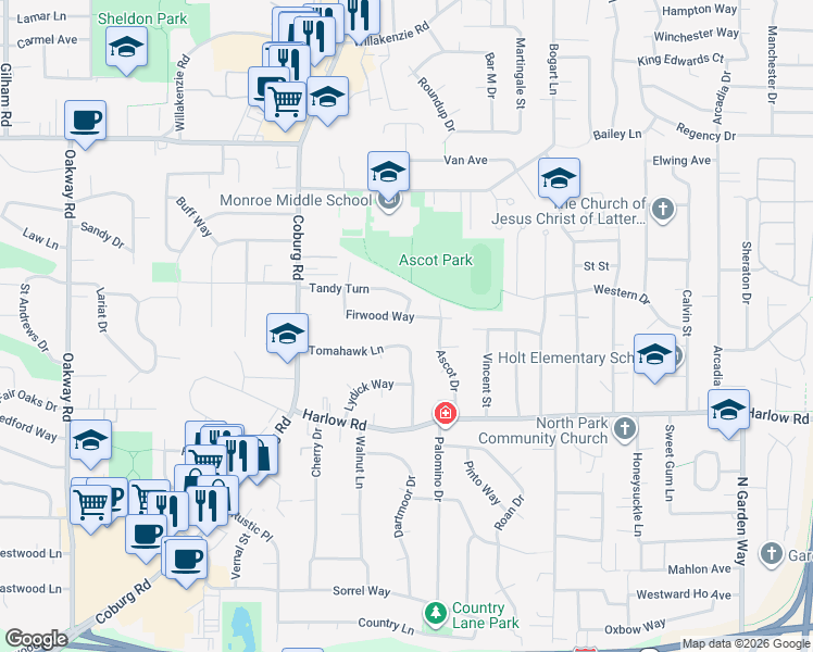 map of restaurants, bars, coffee shops, grocery stores, and more near 2889 Tomahawk Lane in Eugene