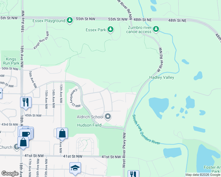 map of restaurants, bars, coffee shops, grocery stores, and more near 911 Milborne Lane Northwest in Rochester