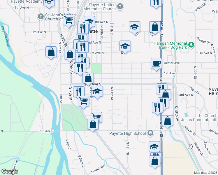 map of restaurants, bars, coffee shops, grocery stores, and more near 1017 2nd Avenue South in Payette