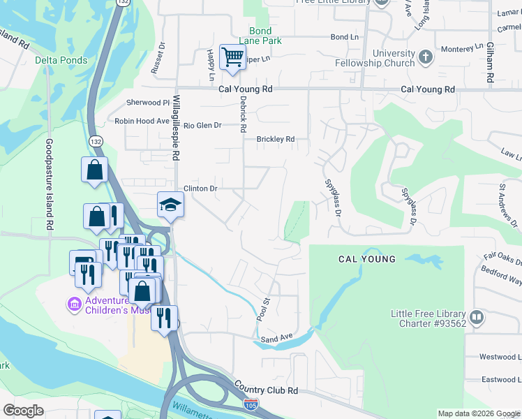 map of restaurants, bars, coffee shops, grocery stores, and more near 1275 Butte Lane in Eugene