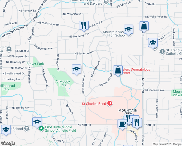 map of restaurants, bars, coffee shops, grocery stores, and more near 2022 Northeast Neil Way in Bend