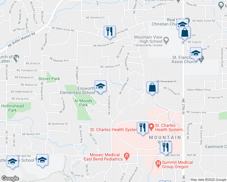map of restaurants, bars, coffee shops, grocery stores, and more near 2022 Northeast Neil Way in Bend
