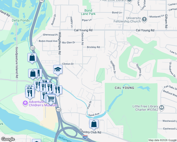 map of restaurants, bars, coffee shops, grocery stores, and more near 1275 Butte Lane in Eugene