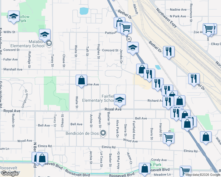 map of restaurants, bars, coffee shops, grocery stores, and more near 3453 Hawthorne Avenue in Eugene