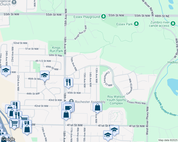 map of restaurants, bars, coffee shops, grocery stores, and more near 4742 14th Avenue Northwest in Rochester