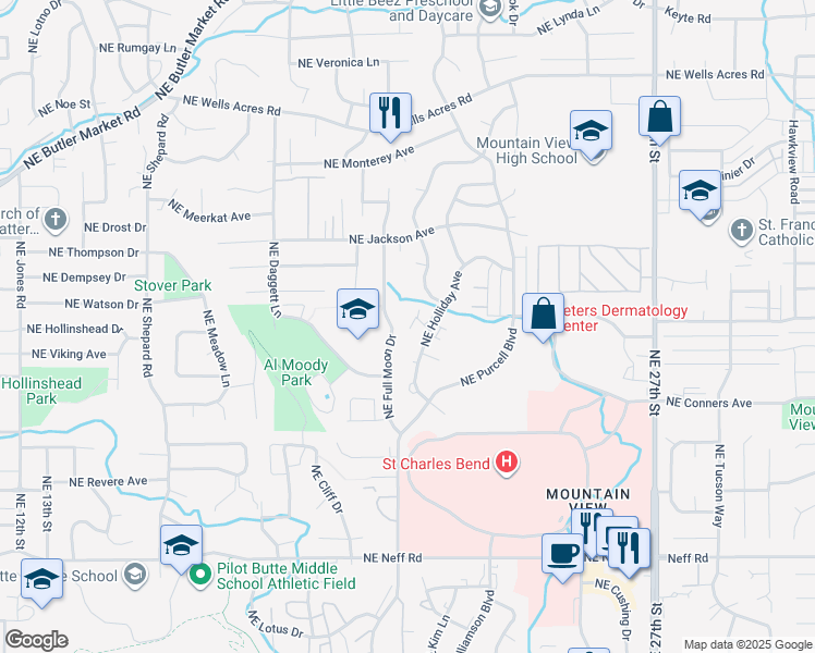 map of restaurants, bars, coffee shops, grocery stores, and more near 2027 Northeast Neil Way in Bend