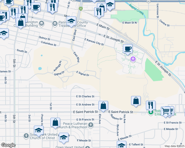 map of restaurants, bars, coffee shops, grocery stores, and more near 140 East Signal Drive in Rapid City
