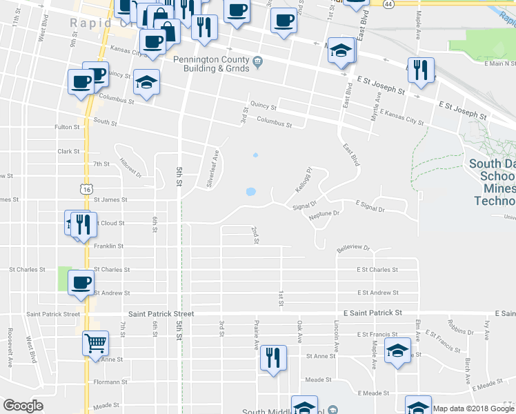 map of restaurants, bars, coffee shops, grocery stores, and more near 302 Signal Drive in Rapid City