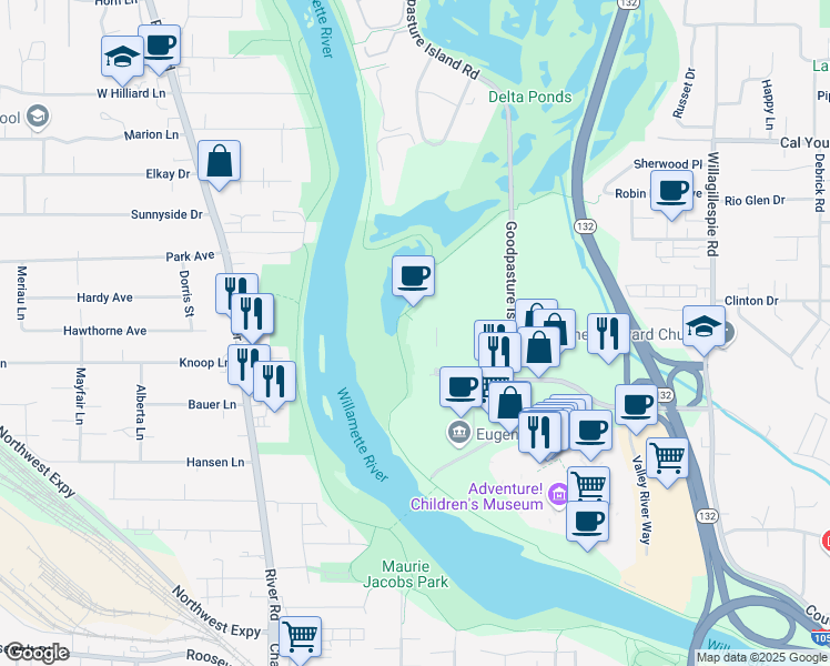map of restaurants, bars, coffee shops, grocery stores, and more near 1580 Valley River Dr in Eugene