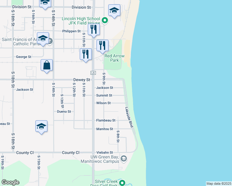 map of restaurants, bars, coffee shops, grocery stores, and more near 2116 Lakeside Boulevard in Manitowoc