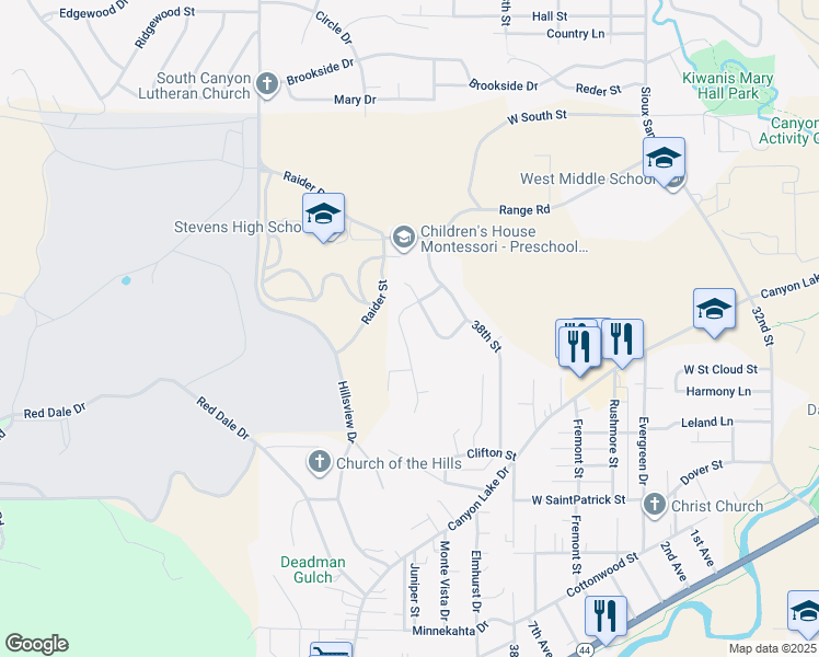 map of restaurants, bars, coffee shops, grocery stores, and more near 4033 Valley West Drive in Rapid City