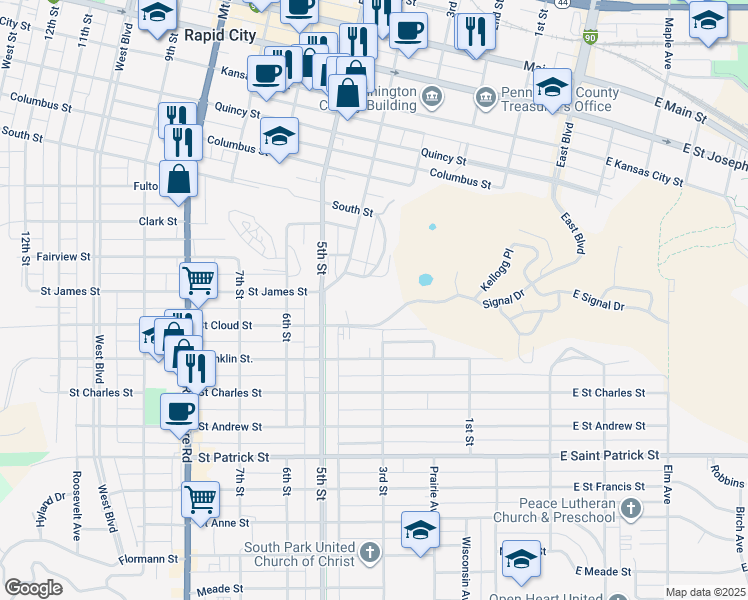 map of restaurants, bars, coffee shops, grocery stores, and more near 1220 Silverleaf Avenue in Rapid City